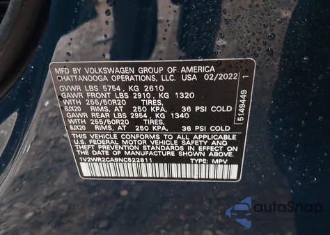 2022 Volkswagen Atlas 3.6L V6 Se W/Technology из США, поврежденный, VIN 1V2WR2CA9NC522811